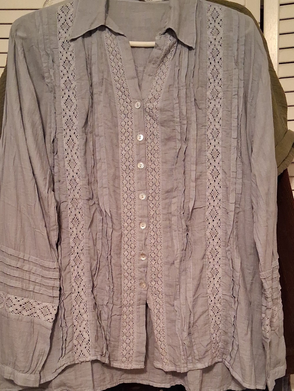 Light Blue Lace-Trim Button-Up Blouse